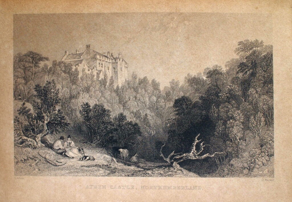 Ayden Castle, Northumberland. Disegnata da Thomas Allom, incisa da D. Buckle. Stampa calcografica pubblicata negli anni 1830, probabilmente apparsa in una delle raccolte illustrate curate da Fisher, Son & Co (o in una delle loro edizioni associate, come quelle firmate H. Fisher, R. Fisher & P. Jackson), tra cui The Northern Tourist e Westmoreland, Cumberland, Durham and Northumberland Illustrated – Immagine Archivio Filari