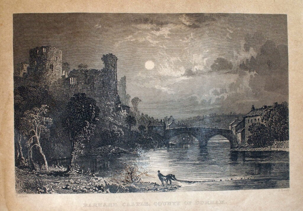 Barnard Castle, County of Durham. Disegnata da Thomas Allom, incisa da Samuel Lacey. Stampa calcografica pubblicata negli anni 1830, probabilmente apparsa in una delle raccolte illustrate curate da Fisher, Son & Co (o in una delle loro edizioni associate, come quelle firmate H. Fisher, R. Fisher & P. Jackson), tra cui The Northern Tourist e Westmoreland, Cumberland, Durham and Northumberland Illustrated – Immagine Archivio Filari