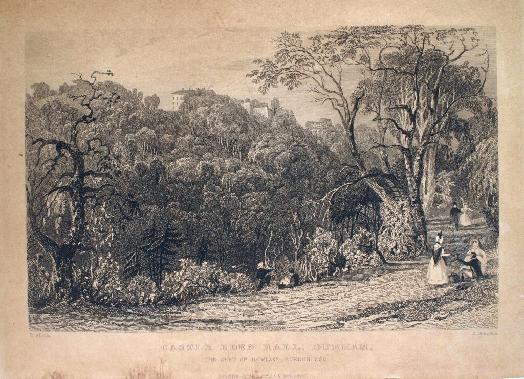 Castle Eden Hall, Durham. Disegnata da Thomas Allom, incisa da T. Jeavons. Stampa calcografica pubblicata negli anni 1830, probabilmente apparsa in una delle raccolte illustrate curate da Fisher, Son & Co (o in una delle loro edizioni associate, come quelle firmate H. Fisher, R. Fisher & P. Jackson), tra cui The Northern Tourist e Westmoreland, Cumberland, Durham and Northumberland Illustrated – Immagine Archivio Filari