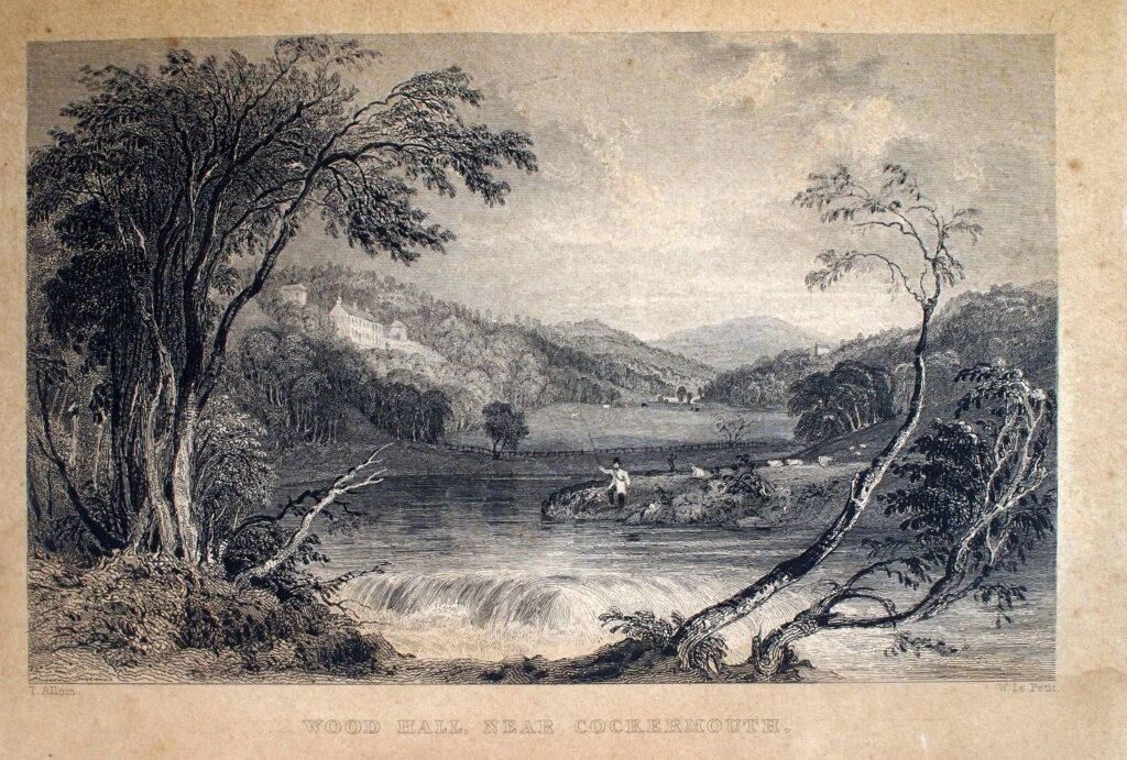 Wood Hall, near Cockermouth. Disegnata da Thomas Allom, incisa da William Le Petit. Stampa calcografica pubblicata negli anni 1830, probabilmente apparsa in una delle raccolte illustrate curate da Fisher, Son & Co (o in una delle loro edizioni associate, come quelle firmate H. Fisher, R. Fisher & P. Jackson), tra cui The Northern Tourist e Westmoreland, Cumberland, Durham and Northumberland Illustrated – Immagine Archivio Filari 