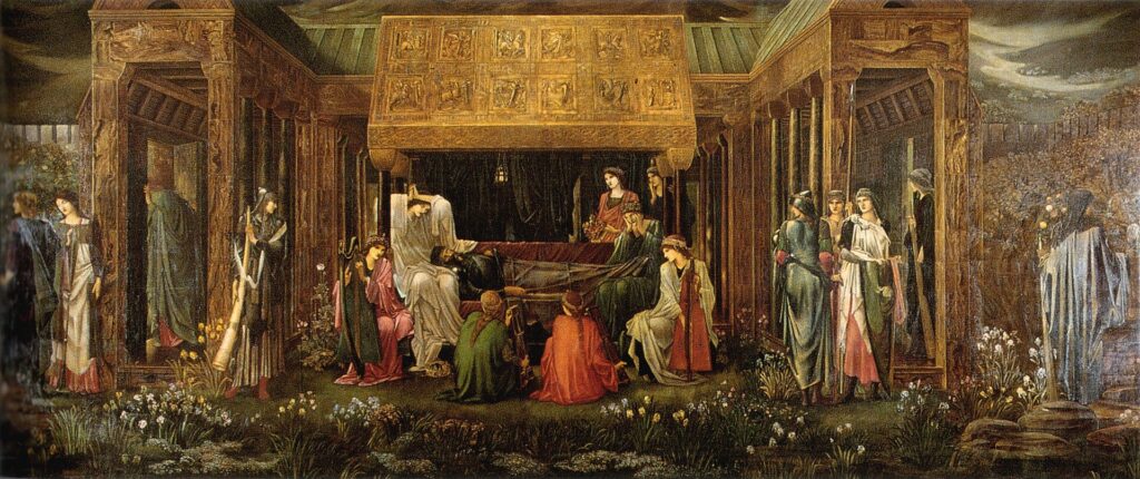 The Last Sleep of Arthur in Avalon (between 1881 and 1898). Oil on canvas, 279 × 650 cm (110 × 260 in). Museo de Arte de Ponce, Ponce, Puerto Rico