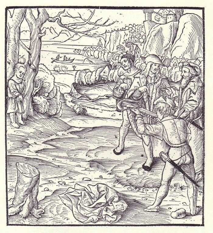 Tells Apfelschuss, Holzschnitt von Hans Rudolf Manuel Deutsch in der Cosmographia des Sebastian Münster (1554).