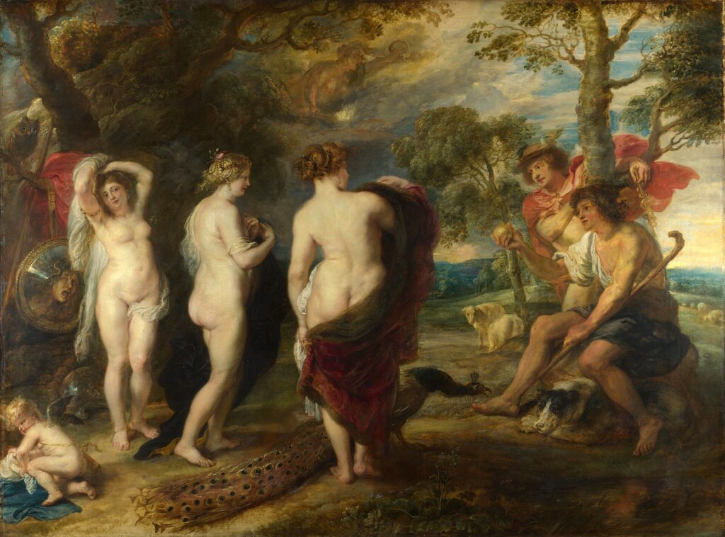 The Judgement of Paris (c. 1636). Oil on oak wood, 144.8 × 193.7 cm (57.0 × 76.3 in). National Gallery, London